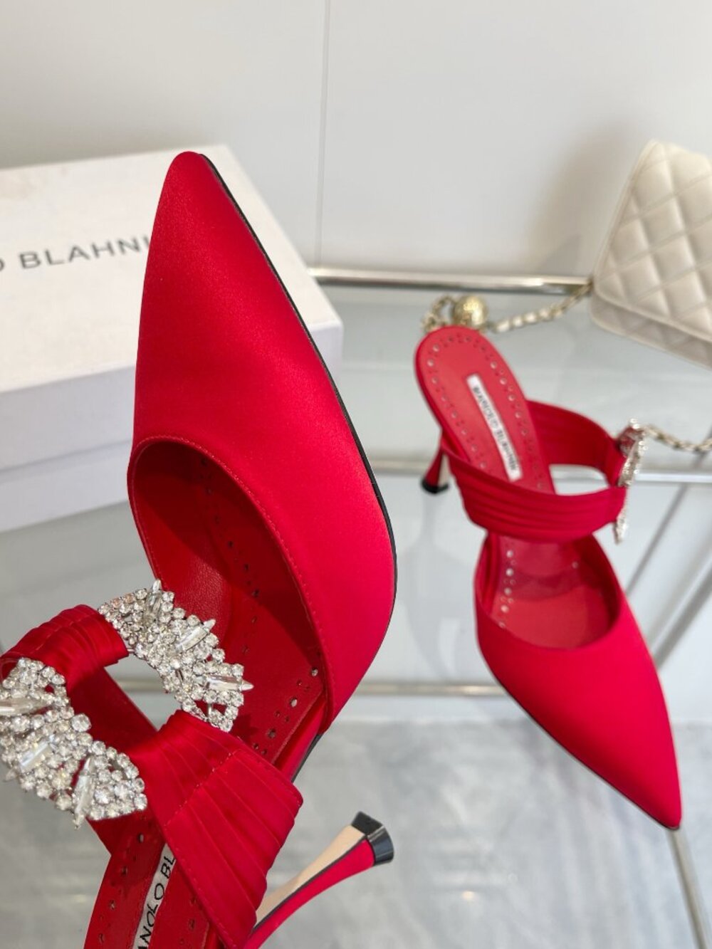 Manolo Blahnik Crystal Embellished Red Satin Pointed-Toe Mules - Picture 7 of 10